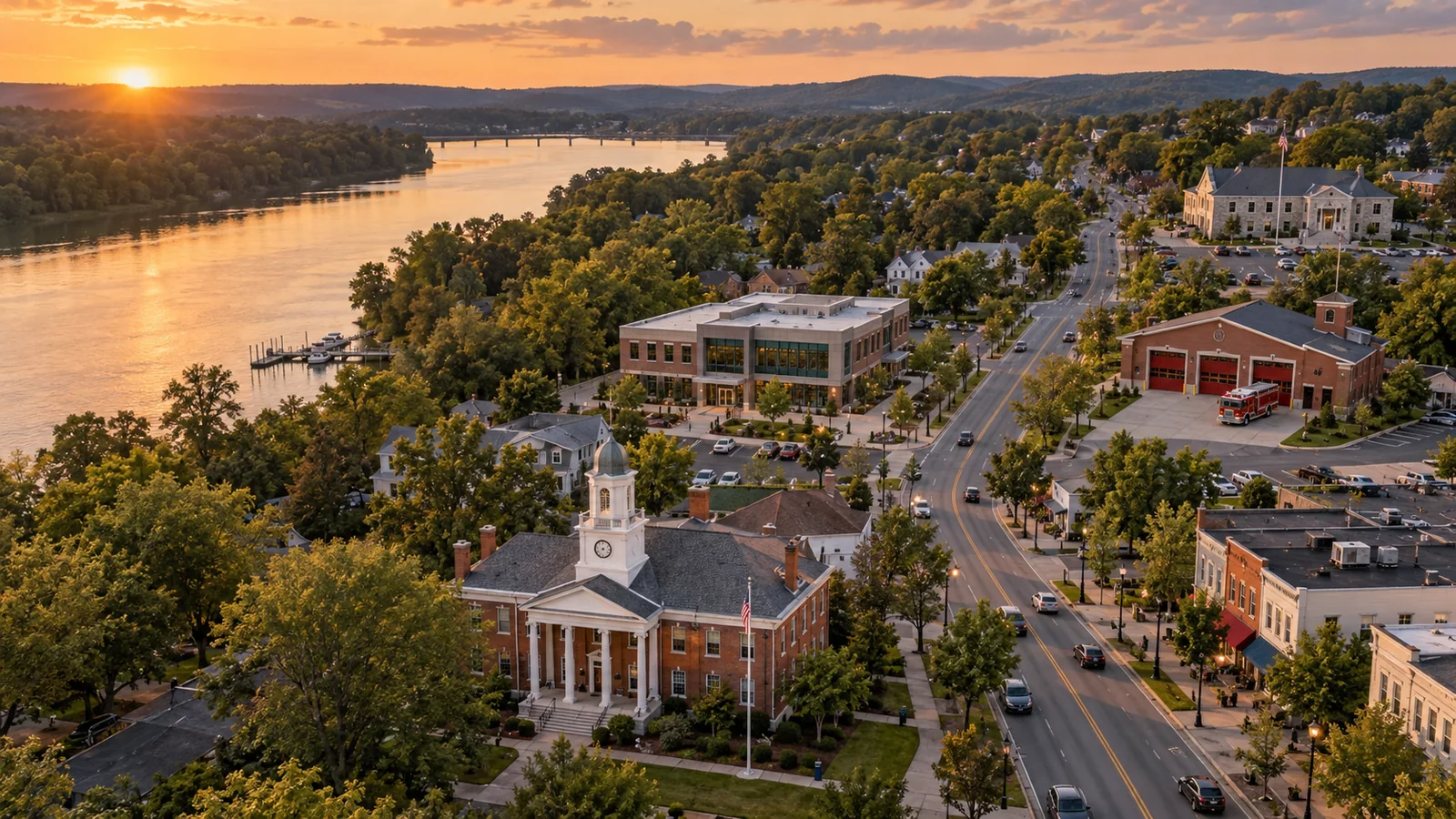 Illustrative riverside town at sunset: a town hall, a planning office, a fire station and a building department along the main street