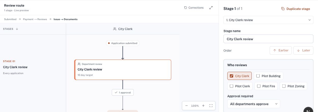 Sekyoor routing editor showing a City Clerk review stage, with reviewer and approval settings