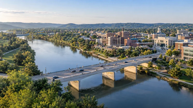 Illustrative regional city and river landscape